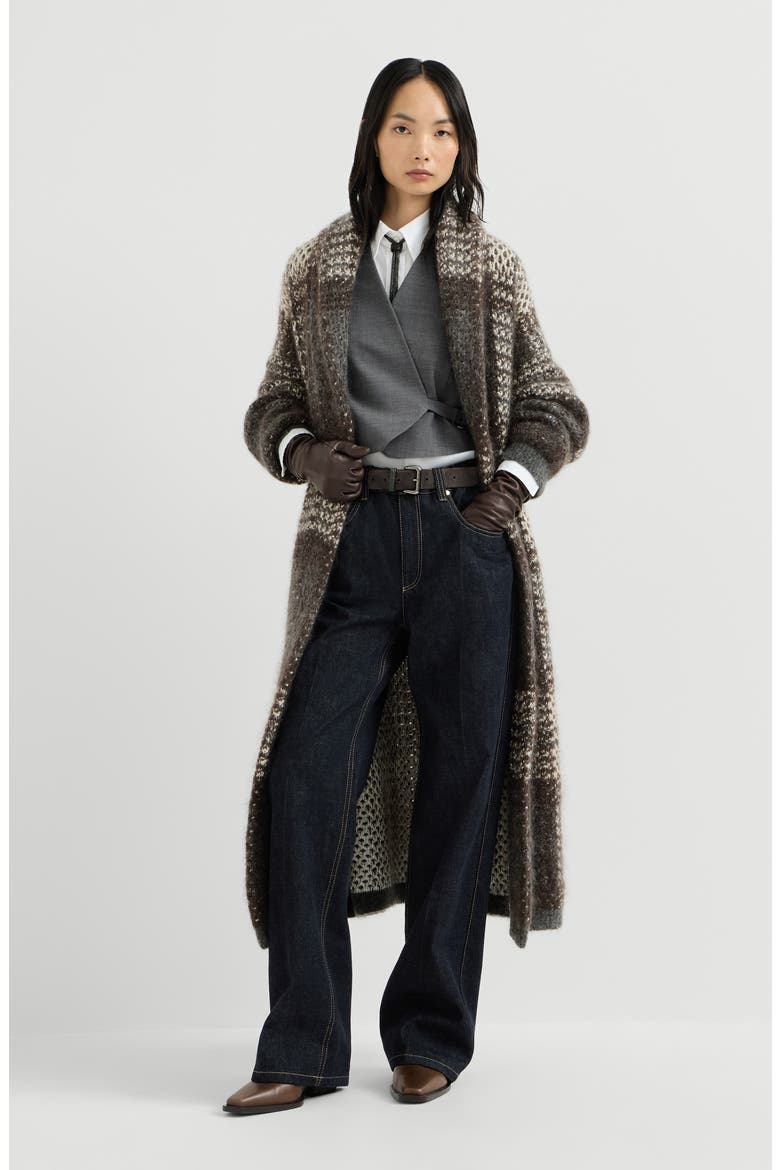 Dazzling tartan double knit coat in mohair, virgin wool and cashmere, Alternate, color, Anthracite