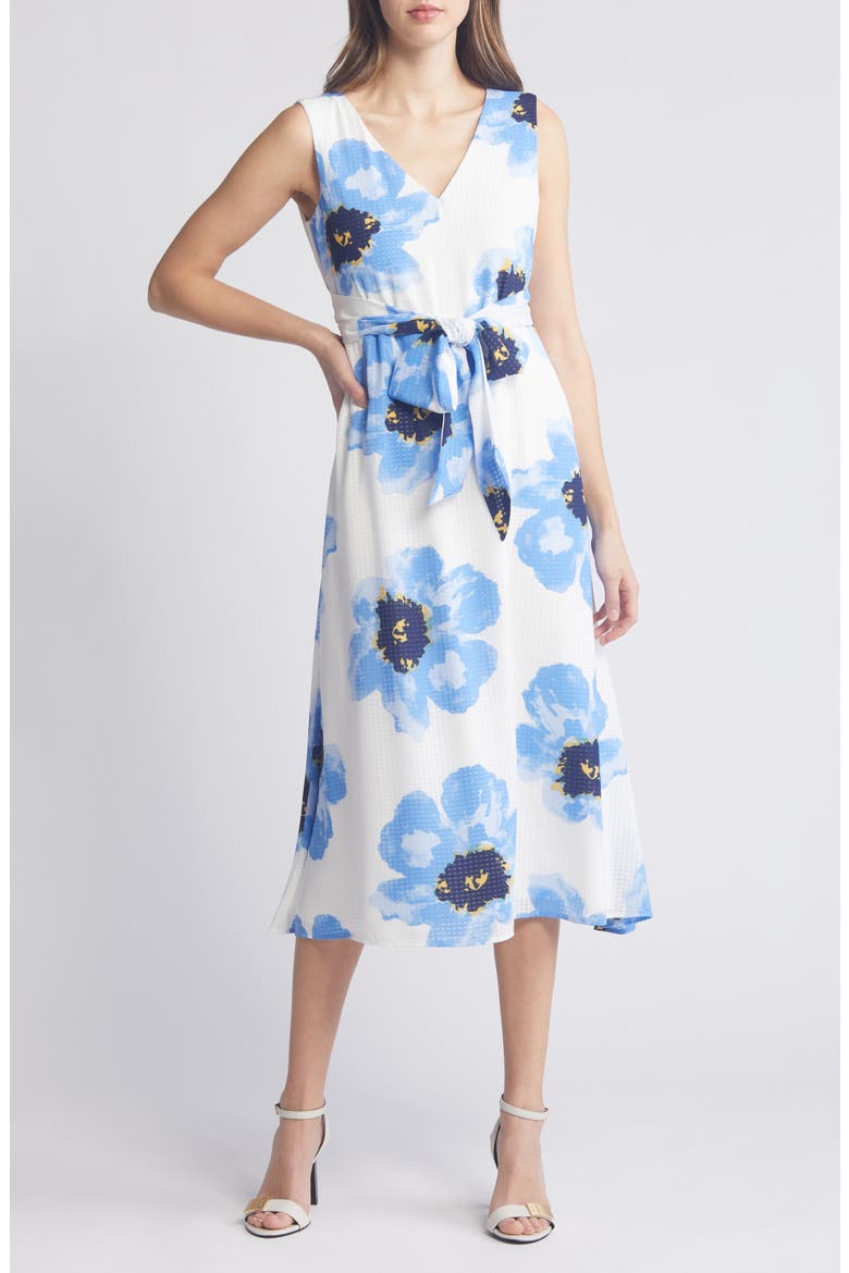 Floral Tie Belt Midi Dress, Main, color, BRIGHT WHITE/ SHORE BLUE