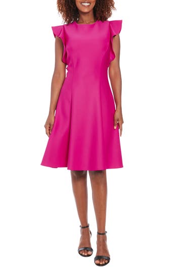 London Times Ruffle Cap Sleeve Fit & Flare Dress In Fuchsia