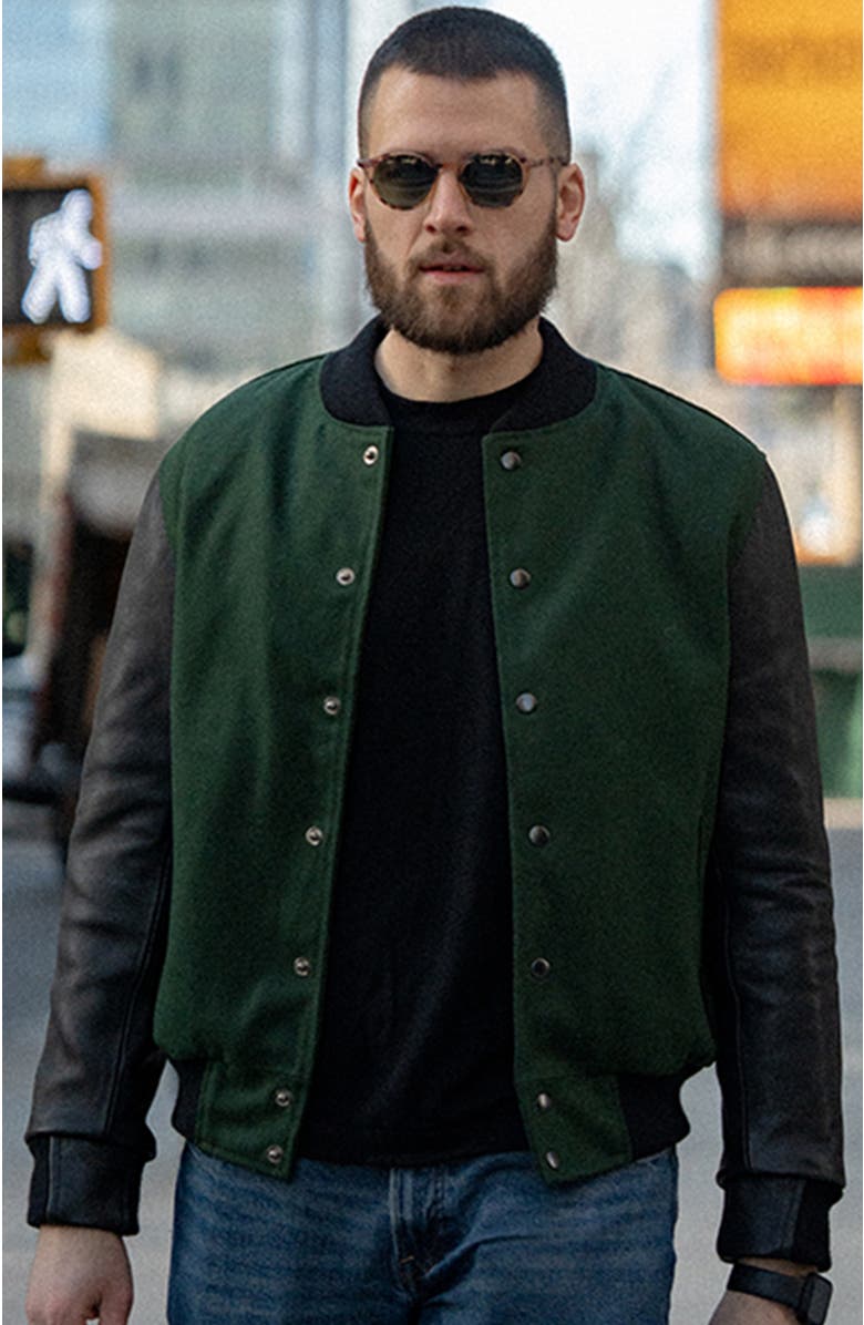 Last Wolf PINE VARSITY JACKET, Alternate, color, Green / Black