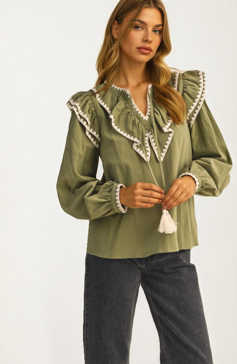 Ruffle Trim Oversized Contrast Collar Blouse