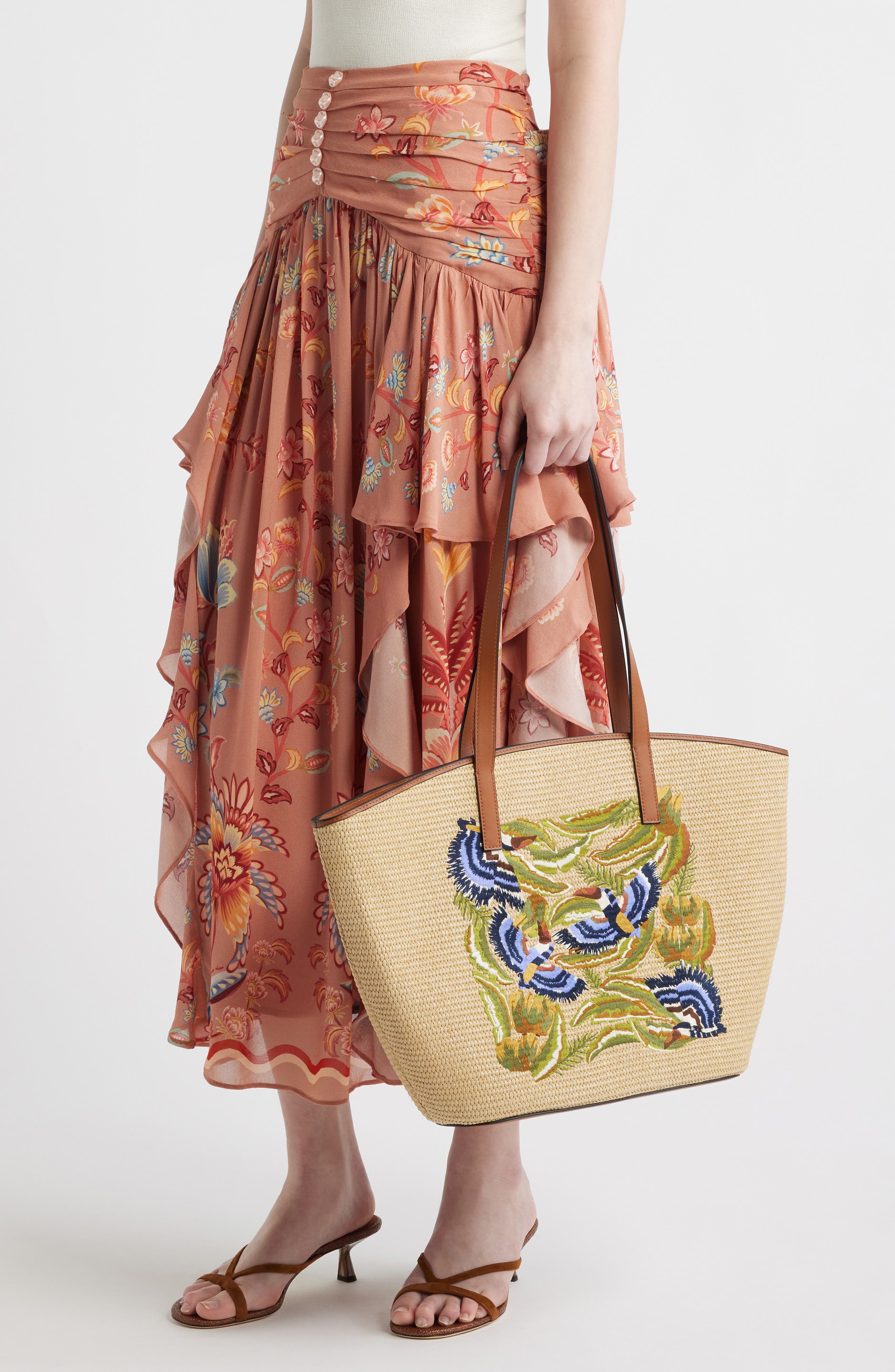 FARM Rio Large Embroidered Raffia Basket Tote, Alternate, color, Natural Raffia And Black