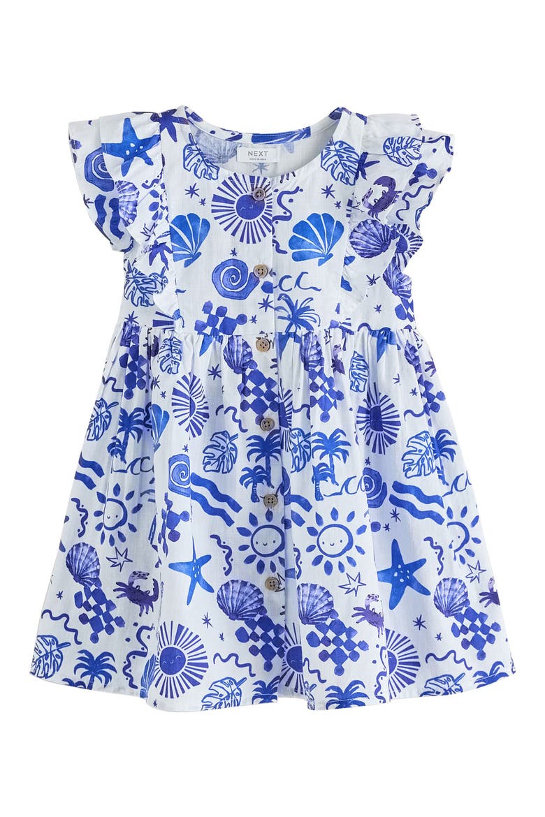Kids' Seaside Print Ruffle Button Front Cotton Dress, Main, color, BLUE