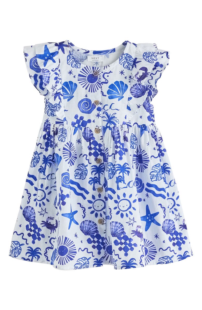 NEXT Kids' Seaside Print Ruffle Button Front Cotton Dress, Main, color, Blue