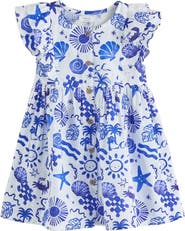 NEXT Kids' Seaside Print Ruffle Button Front Cotton Dress