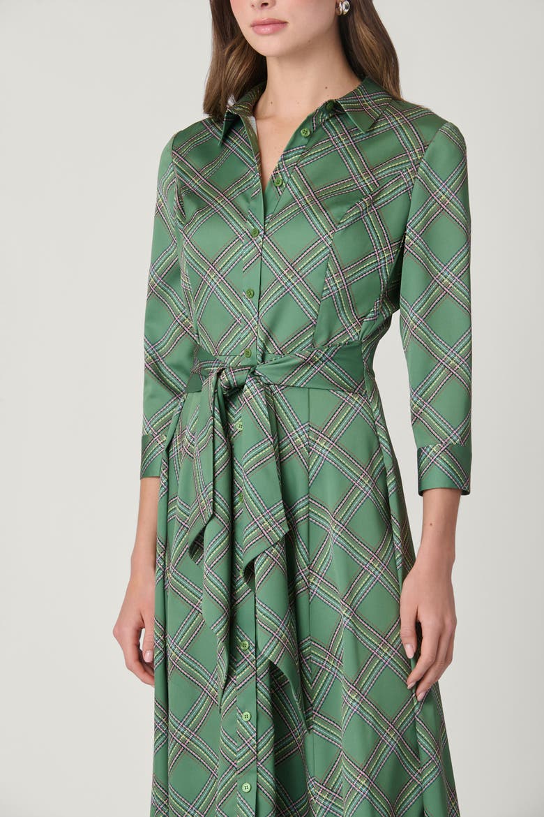 Dashed Plaid Satin Charmeuse Laine Dress, Alternate, color, Olive Multi