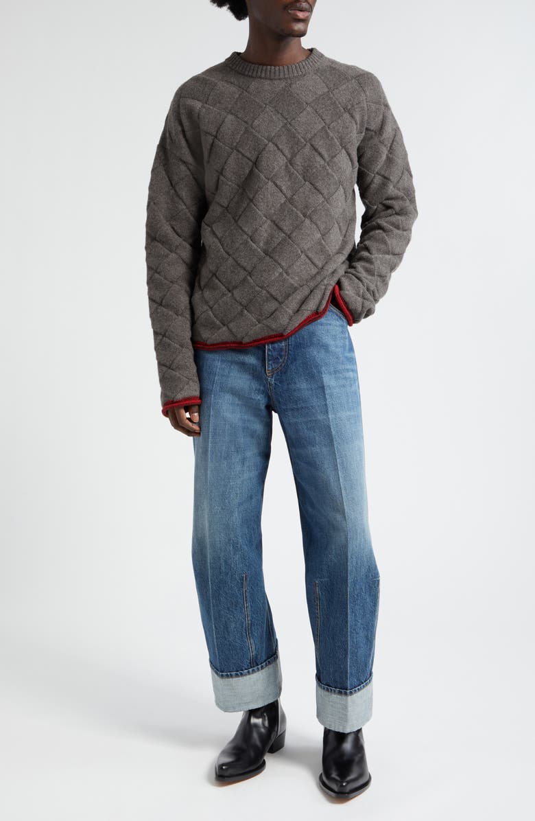 Bottega Veneta Intrecciato 3D Knit Wool Blend Crewneck Sweater, Alternate, color, Grey Melange