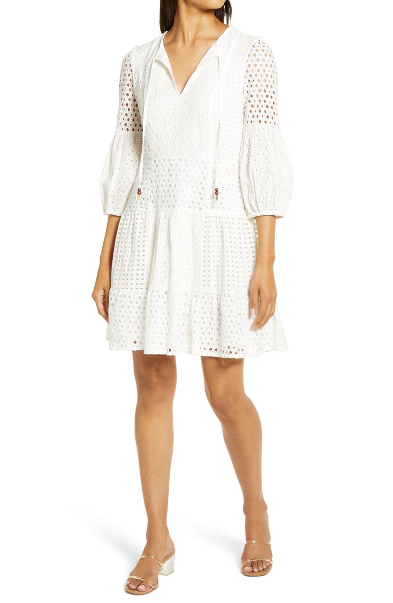 Vince Camuto Balloon Sleeve Cotton Eyelet Dress, Main, color, 