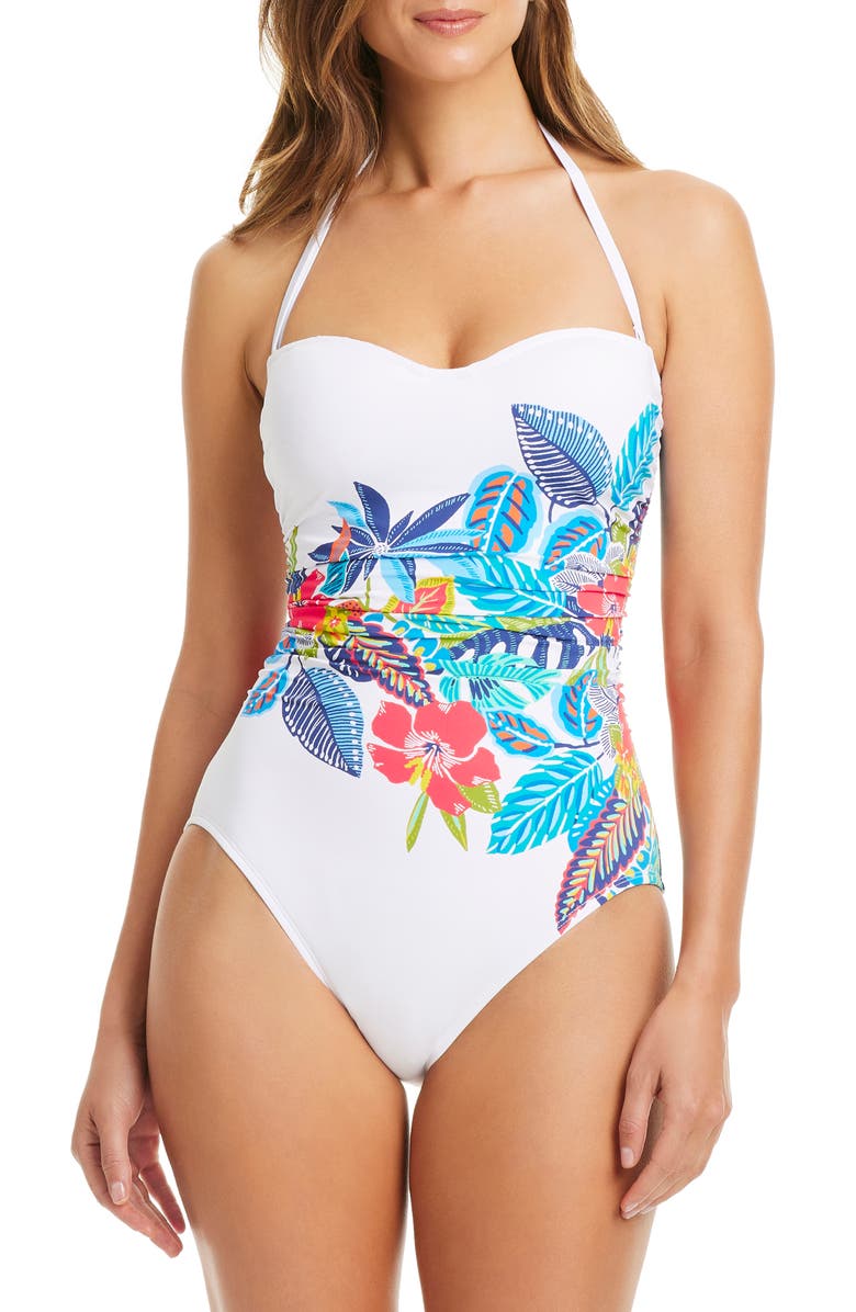 BLEU by Rod Beattie Shirred Strapless One-Piece Swimsuit, Main, color, White Multi