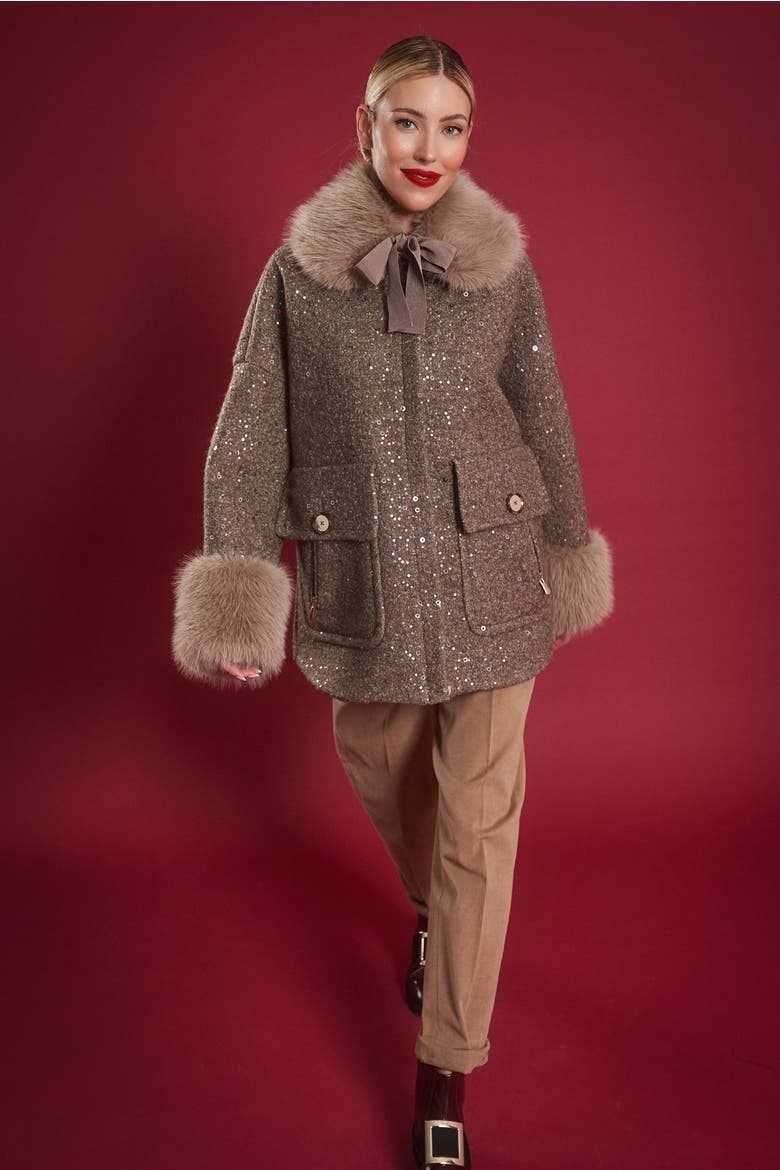 Sequined Coat With Fake Fur, Alternate, color, Bordeaux / Wine