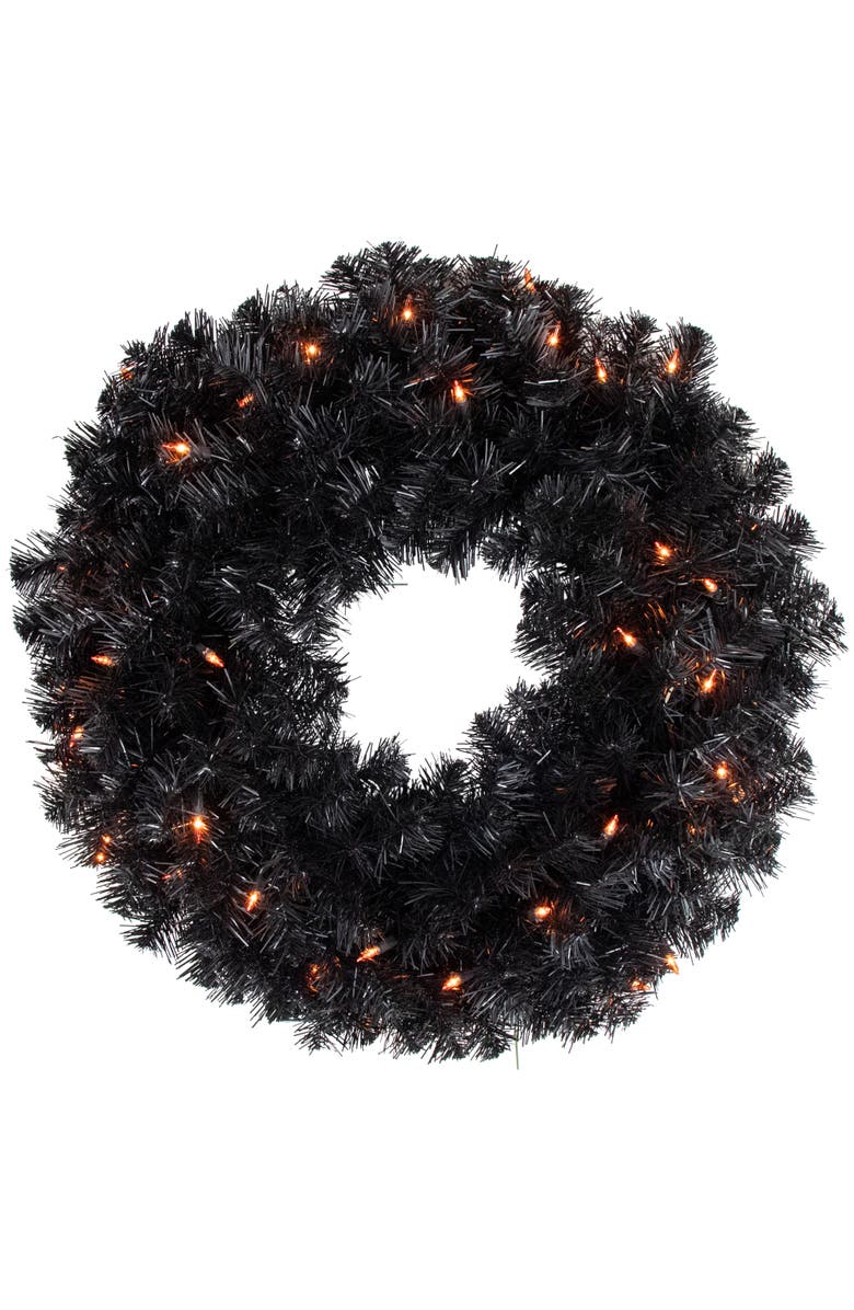 Northlight Pre-Lit Noble Spruce Artificial Halloween Wreath - 24" - Black - Orange Lights, Main, color,