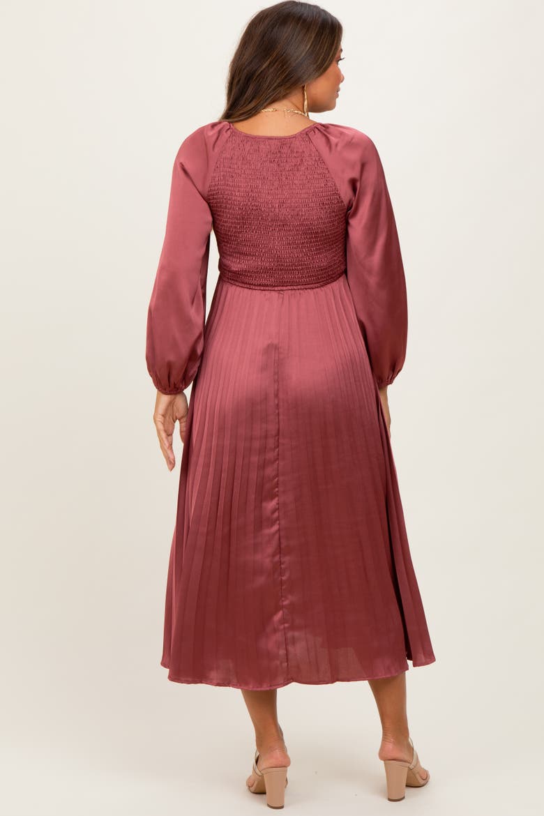 Satin Smocked Pleated Midi Dress, Alternate, color, Mauve