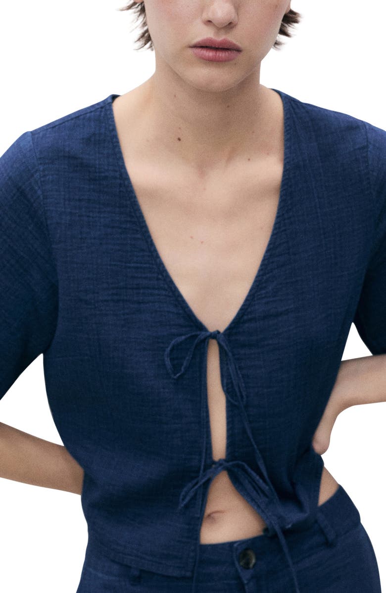 MANGO Tie Front Denim Top, Main, color, Night Blue