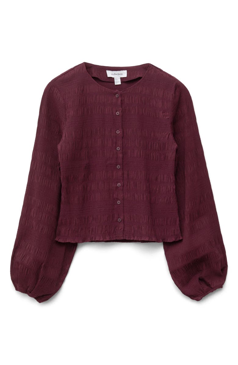 & Other Stories Smocked Balloon Sleeve Button-Up Top, Alternate, color, Red Dark