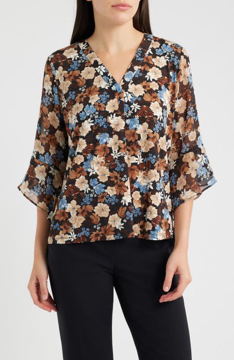 Floral Split Neck Bell Sleeve Top