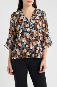 AK ANNE KLEIN Floral Split Neck Bell Sleeve Top