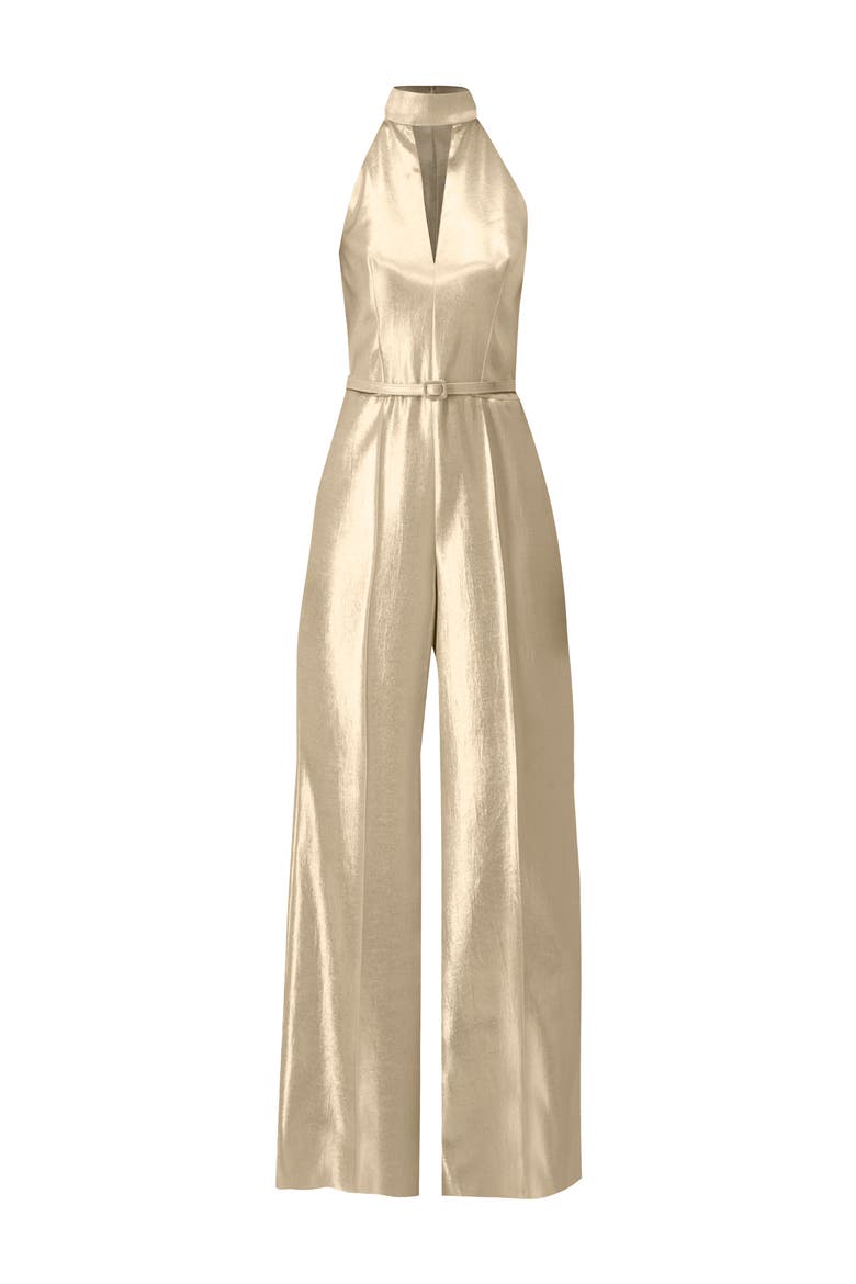 Halterneck Metallic Belted Jumpsuit, Alternate, color, Gold
