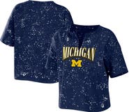 WEAR by Erin Andrews Women's WEAR by Erin Andrews Navy Michigan Wolverines Bleach Wash Splatter Cropped Notch Neck T-Shirt