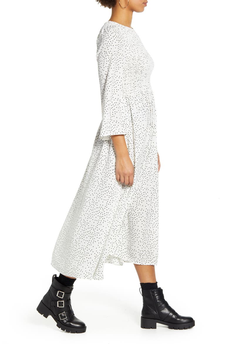 Polka Dot Smocked Bodice Midi Dress, Alternate, color, WHITE BLACK DOT