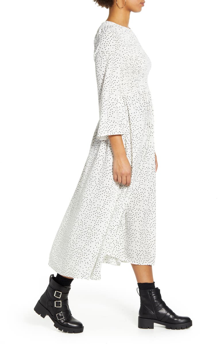 CODEXMODE Polka Dot Smocked Bodice Midi Dress, Alternate, color, 