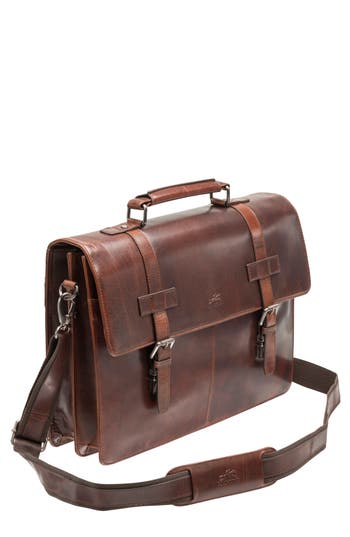 Mancini Double Compartment Flap Leather Briefcase In Brown