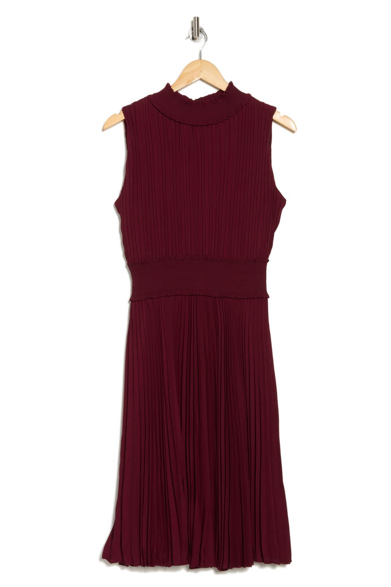 Pleated Sleeveless Dress, Alternate, color, MERLOT