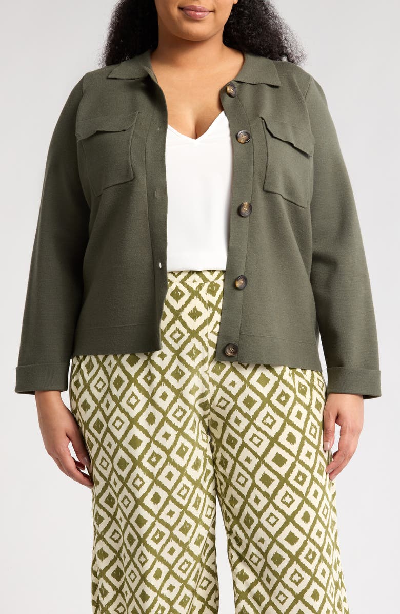 T Tahari Crop Sweater Jacket, Main, color, Olive