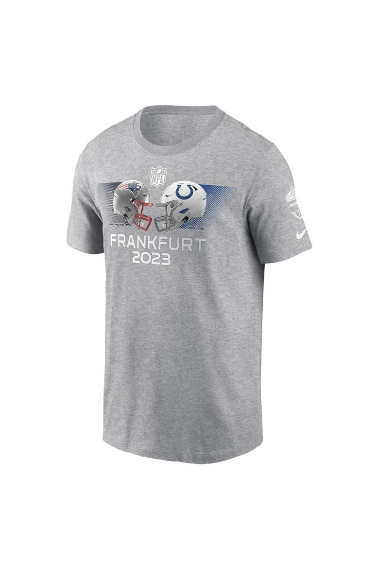Men's Nike Heather Gray New England Patriots vs. Indianapolis Colts 2023 Frankfurt Game Essential T-Shirt, Alternate, color, Heather Gray