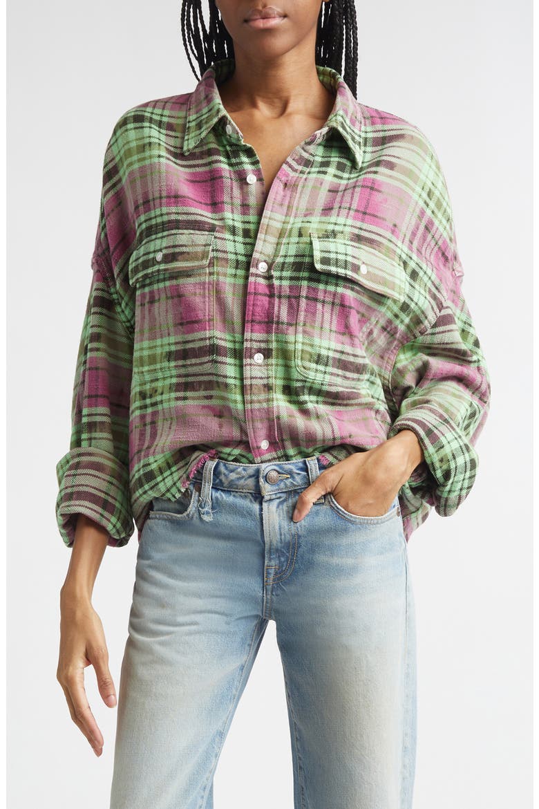 Oversize Fray Hem Plaid Button-Up Crop Work Shirt, Main, color, PINK OVERDYED GREEN PLAID