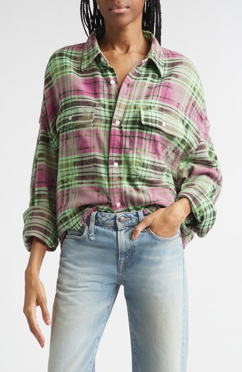 R13 Oversize Fray Hem Plaid Button-Up Crop Work Shirt, Main, color, Pink Overdyed Green Plaid