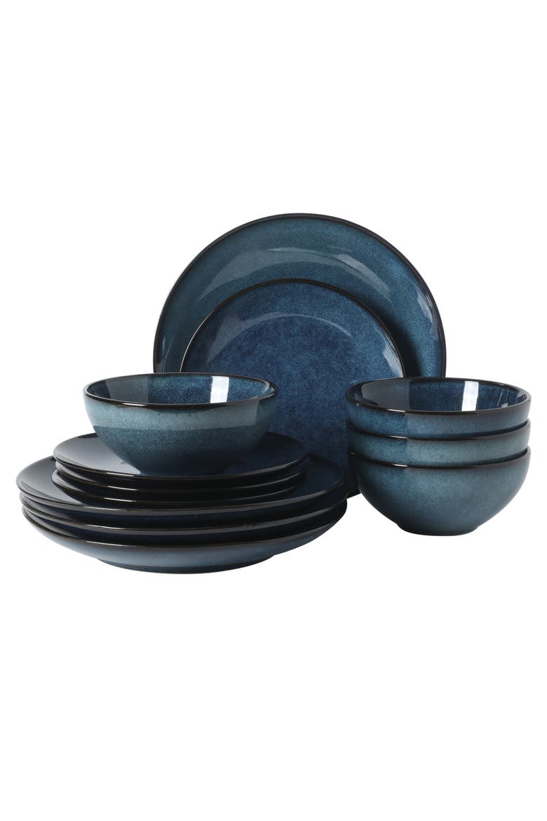 Castle Peak 12-Piece Reactive Glaze Stoneware Dinnerware Set, Main, color, Blue