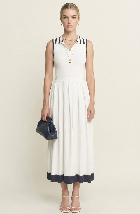 Sleeveless Knit Midi Dress with Contrast Collar and Hem Detail