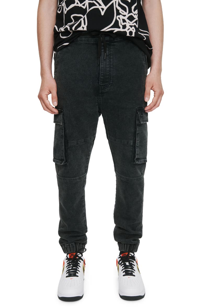 Men's Cargo Pocket Denim Joggers, Main, color, GREY ACID WASH