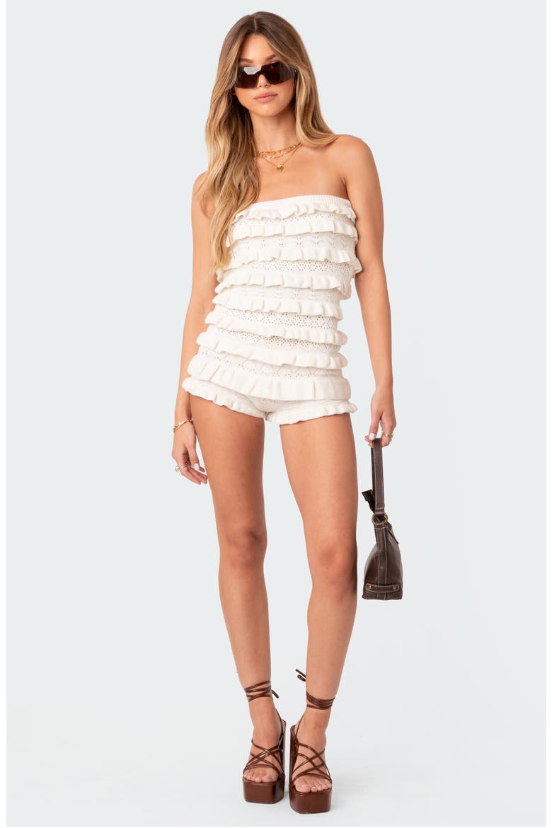 Robin Pointelle Ruffle Strapless Knit Romper, Alternate, color, CREAM