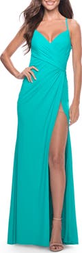 La Femme Long Jersey Versatile Dress with Ruched Zipper