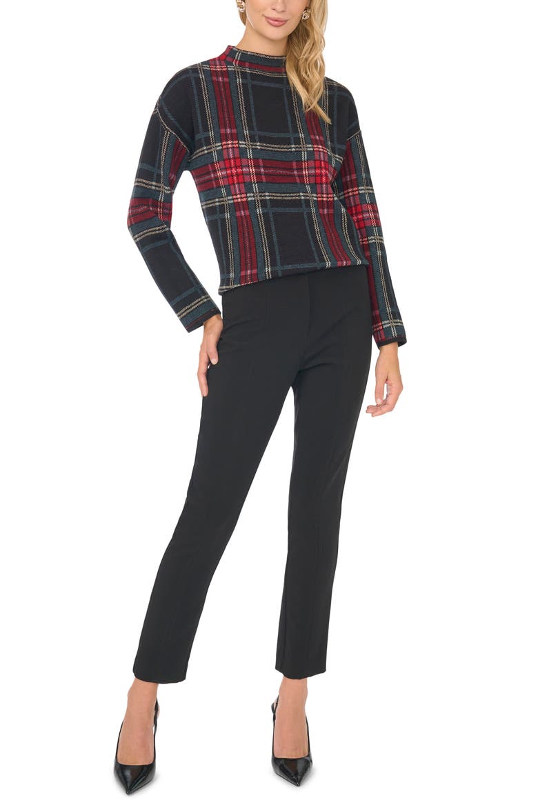 Plaid Mock Neck Sweater, Alternate, color, RICH BLACK