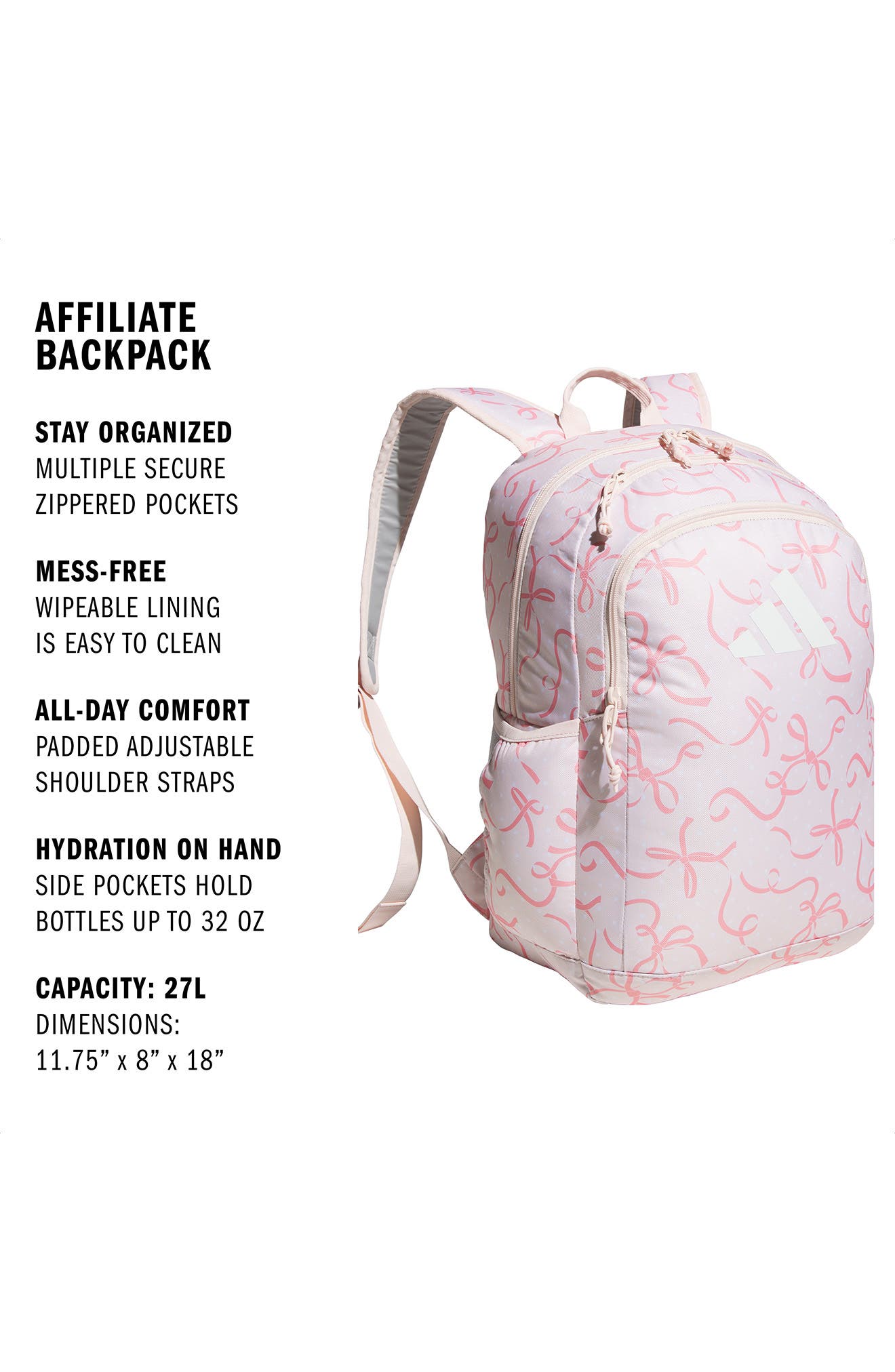 adidas Kids' Affiliate Backpack, Alternate, color, Bow Print Pink Tint
