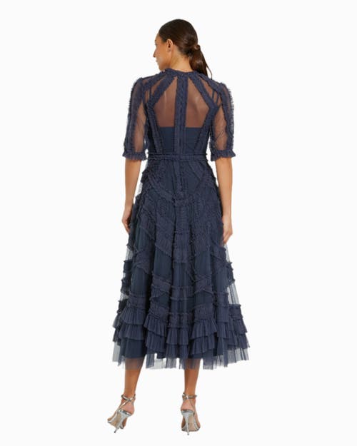 Mac Duggal High Neck Puff Sleeve Ruffle Tiered Dress In Midnight