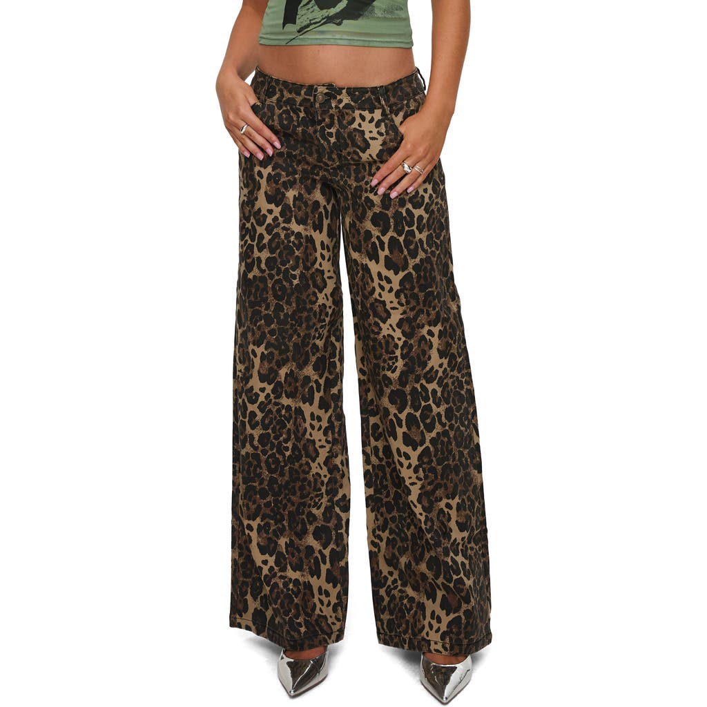 Princess Polly Pantar Leopard Print Low Rise Wide Leg Jeans In Brown