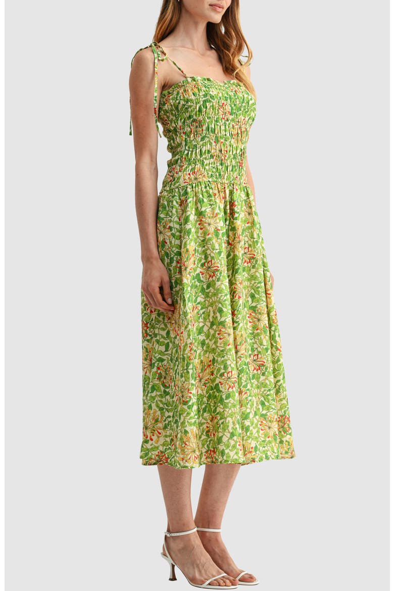 Tie Shoulder Smocked Midi Dress, Alternate, color, GREEN FLORAL