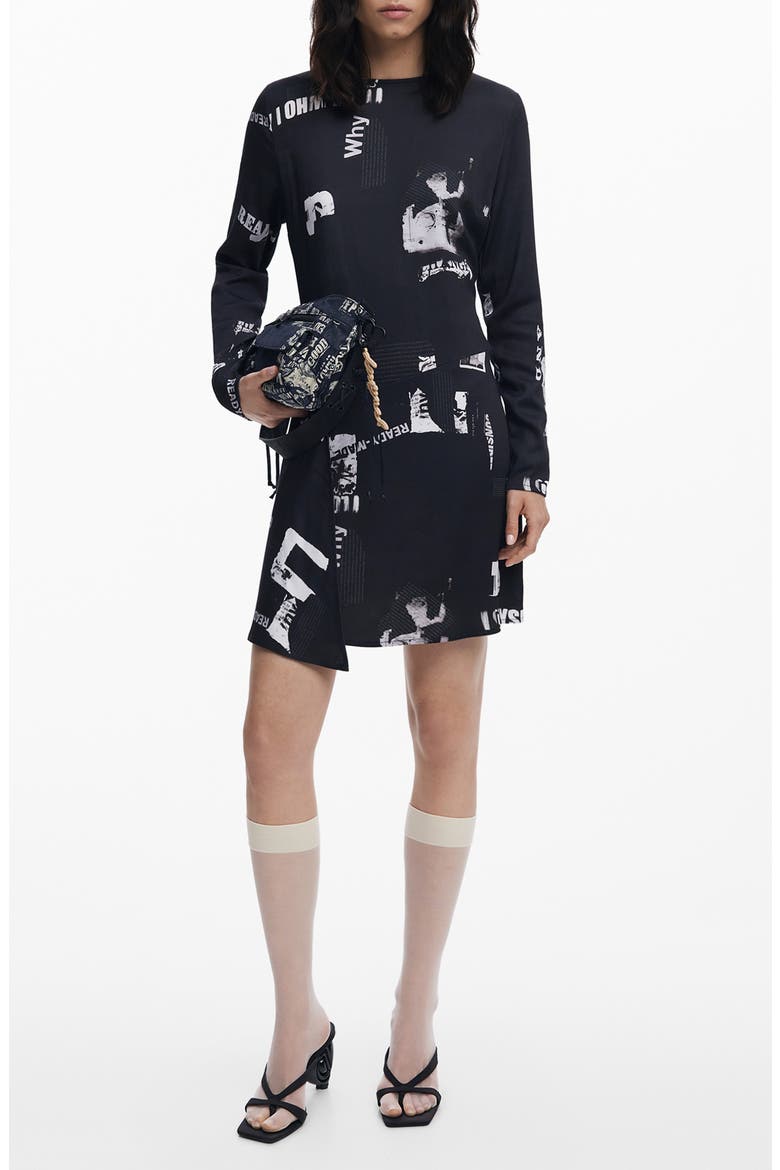Newspaper Print Long Sleeve Dress, Main, color, BLACK