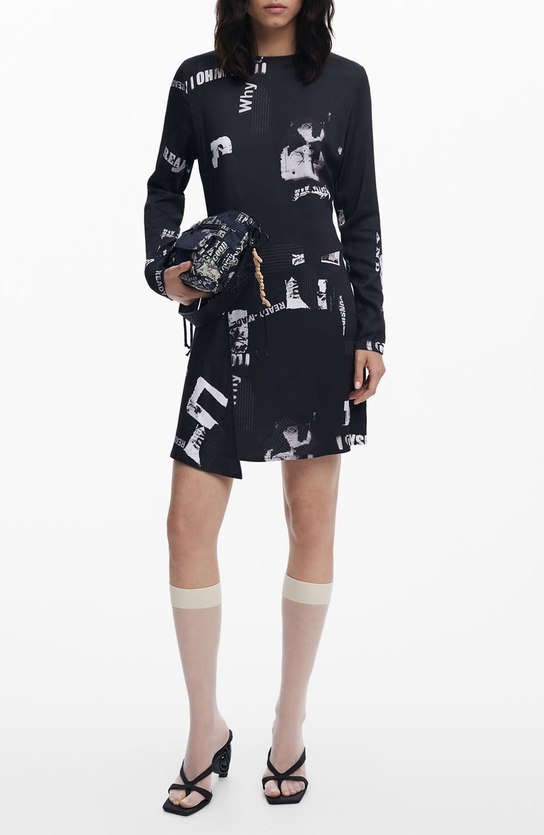 Desigual Newspaper Print Long Sleeve Dress, Main, color, Black