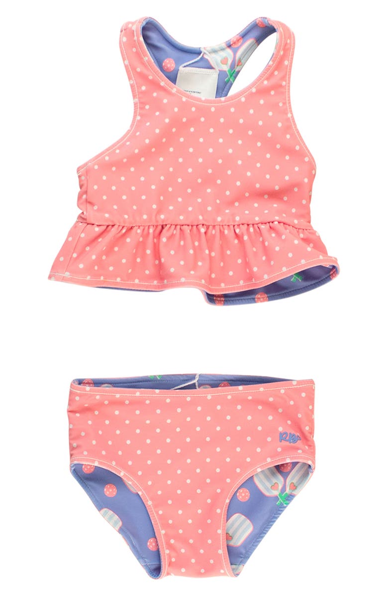 RuffleButts Kids' Pickleball Playtime Reversible Two-Piece Swimsuit, Main, color, Blue/ Pink