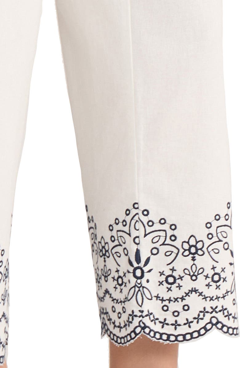 Jones New York Embroidered Hem Linen Blend Crop Pants, Alternate, color, Natural White/ Pacific Navy