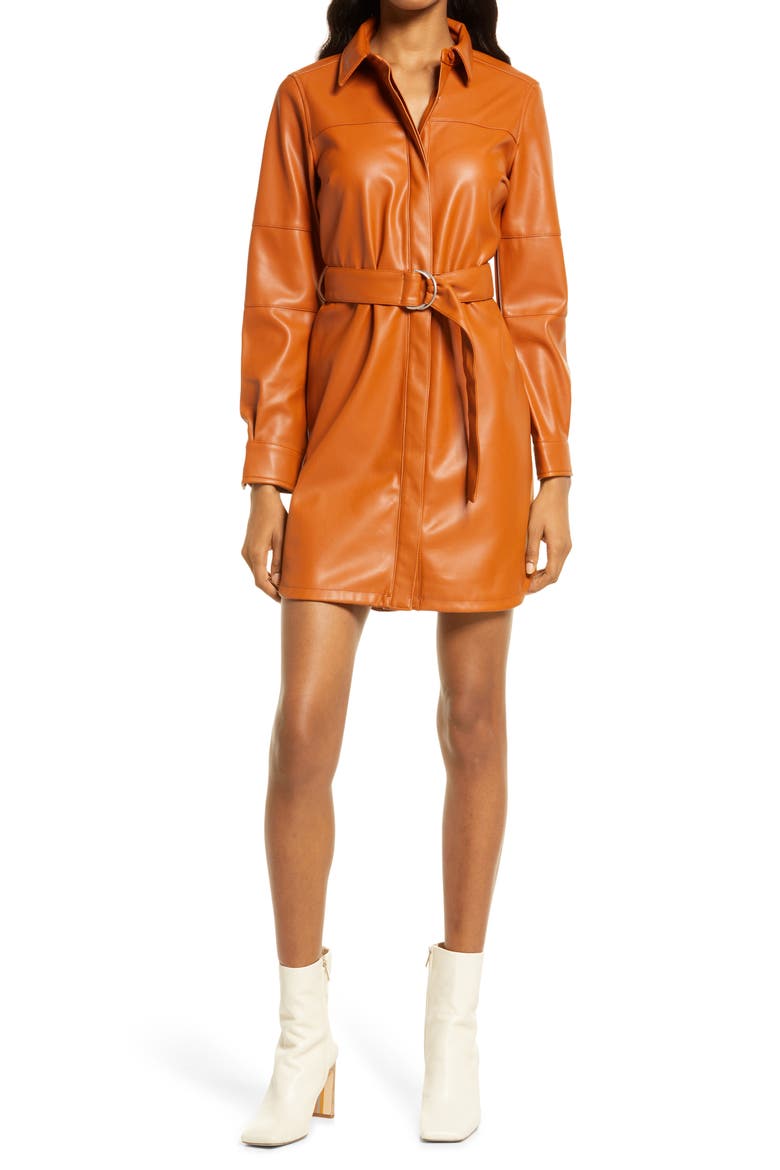 Long Sleeve Faux Leather Shirtdress, Main, color, GLAZED GINGER
