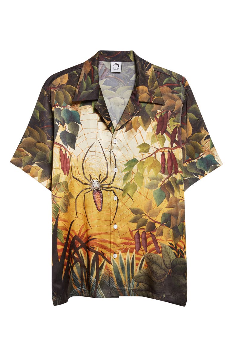 ENDLESS JOY Spiderweb Silk Satin Camp Shirt, Alternate, color, Black/ Orange
