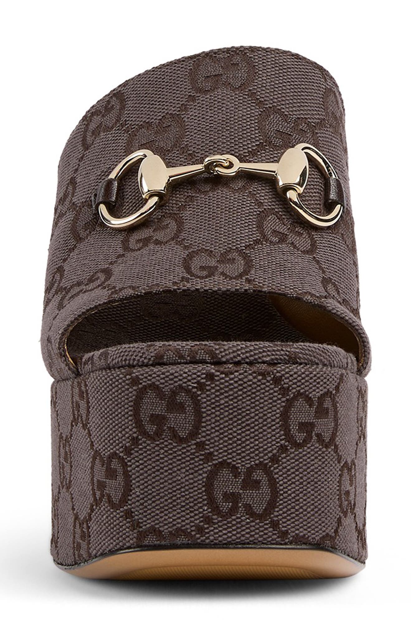 Gucci Carmen Horsebit GG Monogram Platform Wedge Sandal, Alternate, color, Brown