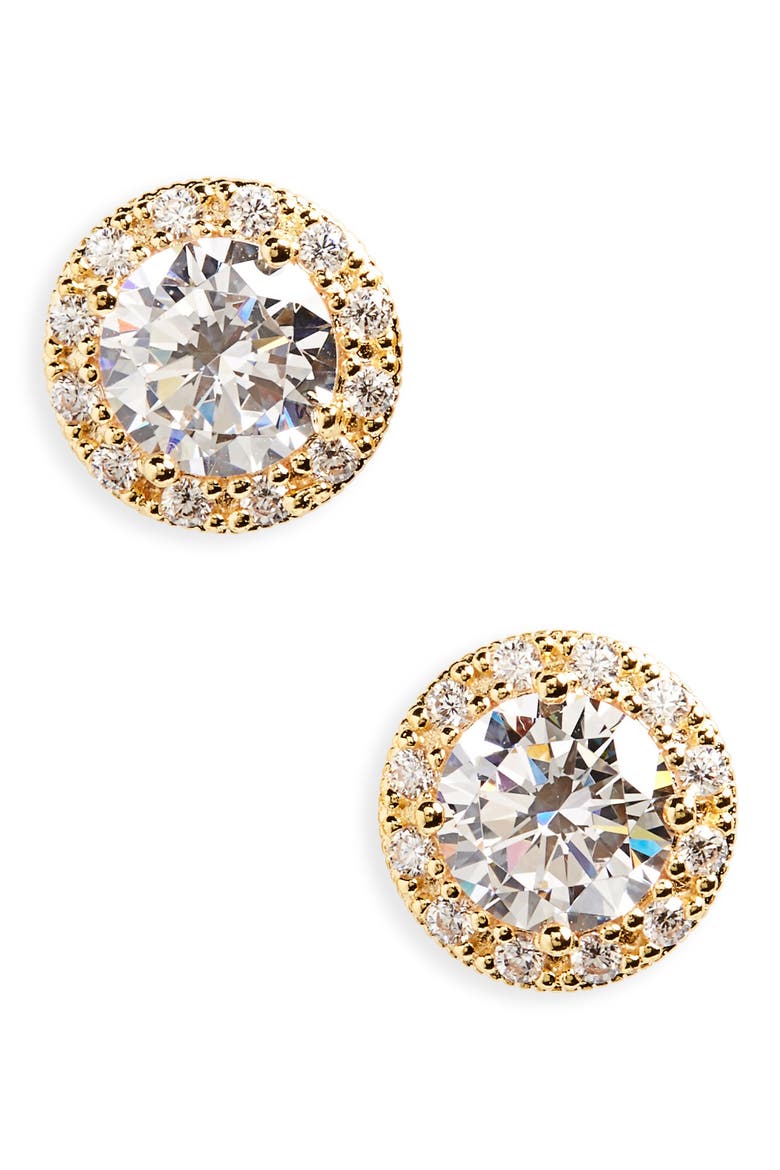 Halo Cubic Zirconia Stud Earrings, Main, color, GOLD PLATED SILVER