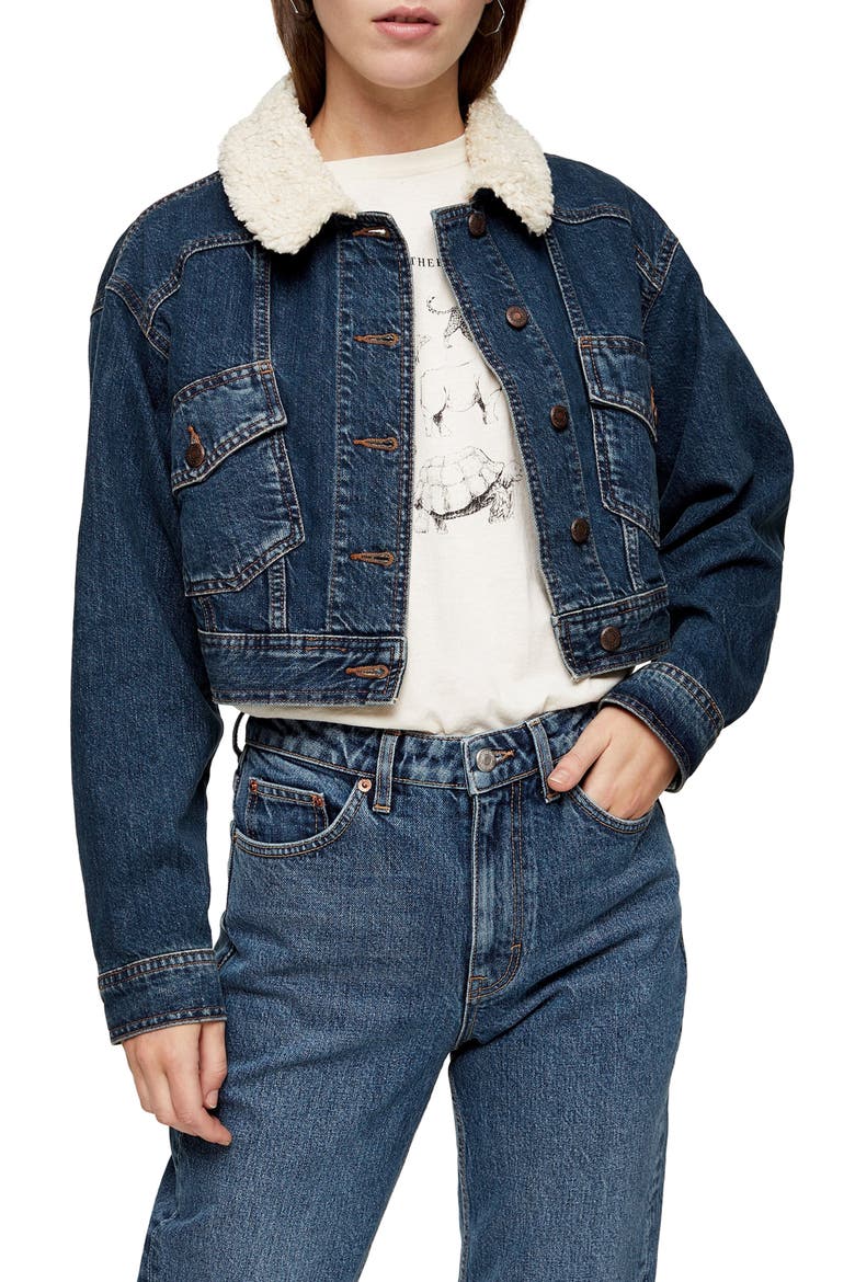 Crop Faux Shearling Collar Denim Jacket, Main, color, MID DENIM