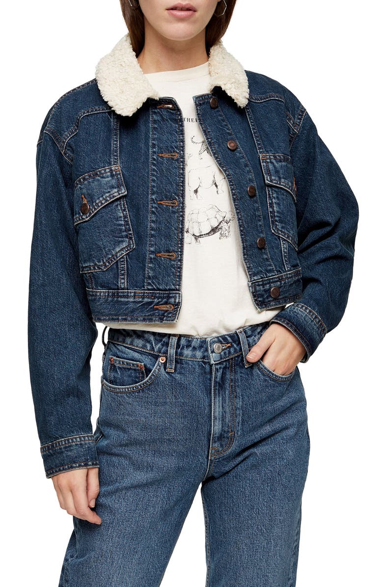 Topshop Crop Faux Shearling Collar Denim Jacket, Main, color, 